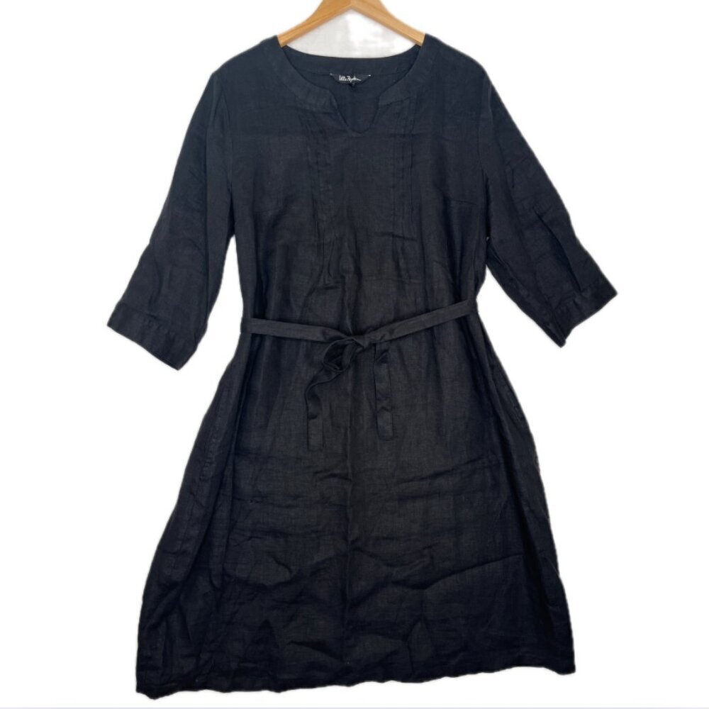 Ulla Popken 100% Linen Black Prairie Tie Waist Boho Cottage sz 12/14 Lagenlook